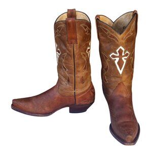 Ferrini Cowboy Boots Womens 7.5 B Brown Leather Western  White Cross Design